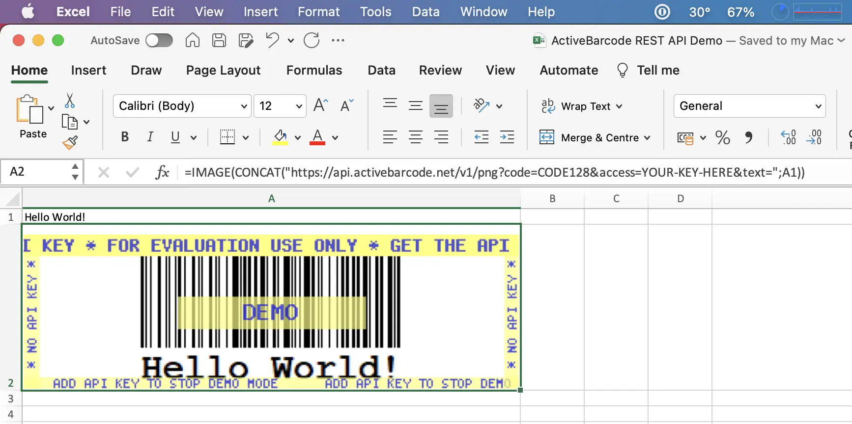 Esta captura de pantalla muestra el código de barras resultante en Excel para Mac que codifica el contenido de la celda A1.
