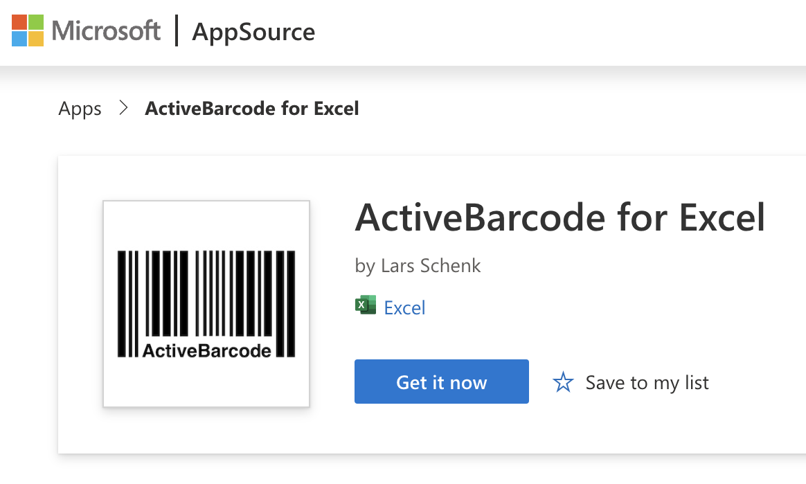 ActiveBarcode Excel Add-In @ Microsoft AppSource
