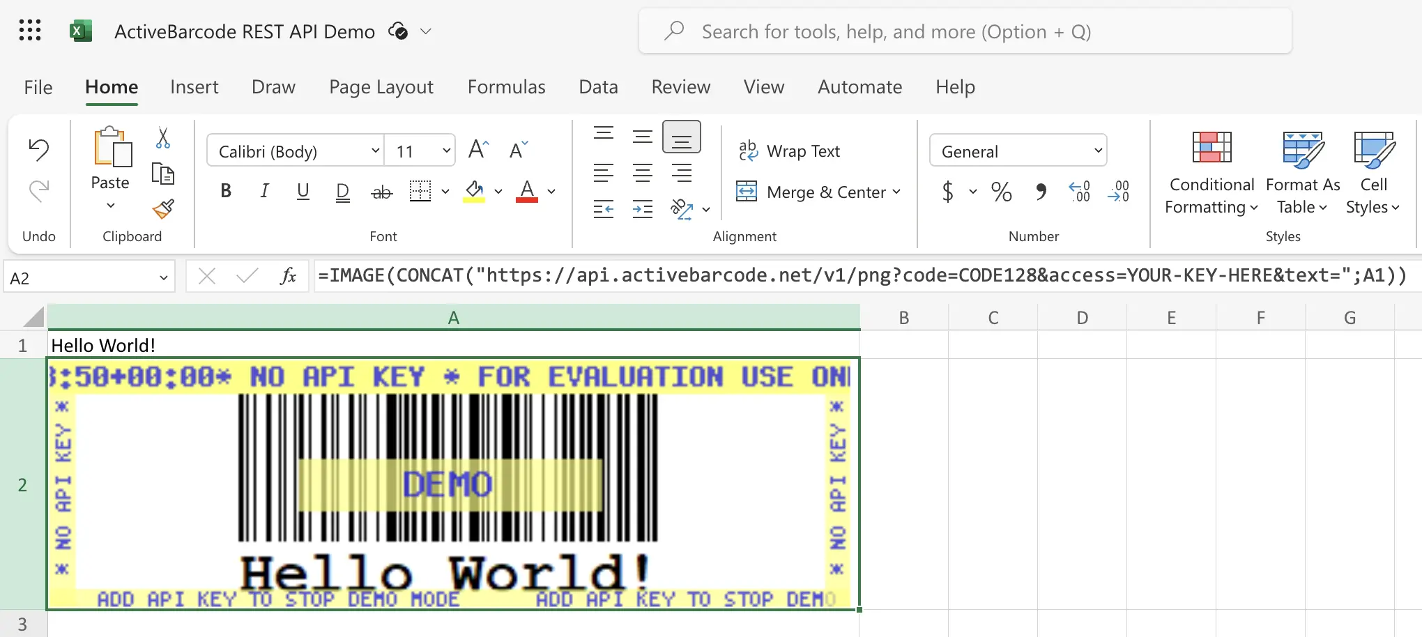 Y esta captura de pantalla muestra el código de barras resultante en Excel para Web.