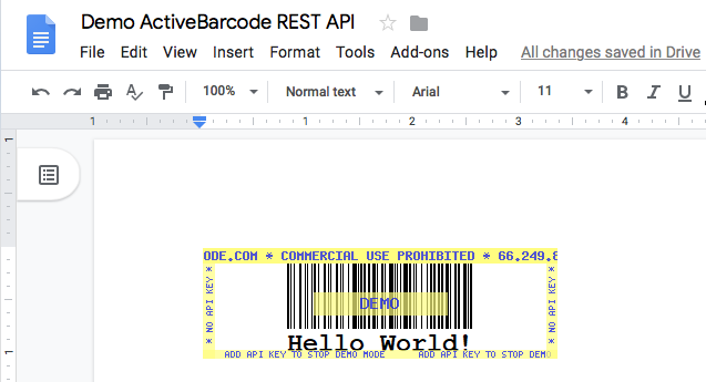 ActiveBarcode: Esta captura de pantalla muestra el código de barras resultante en Google Docs al insertar una imagen con la URL mostrada arriba.