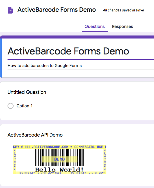Esta captura de pantalla muestra el código de barras resultante en Google Forms al insertar una imagen con la URL mostrada arriba.