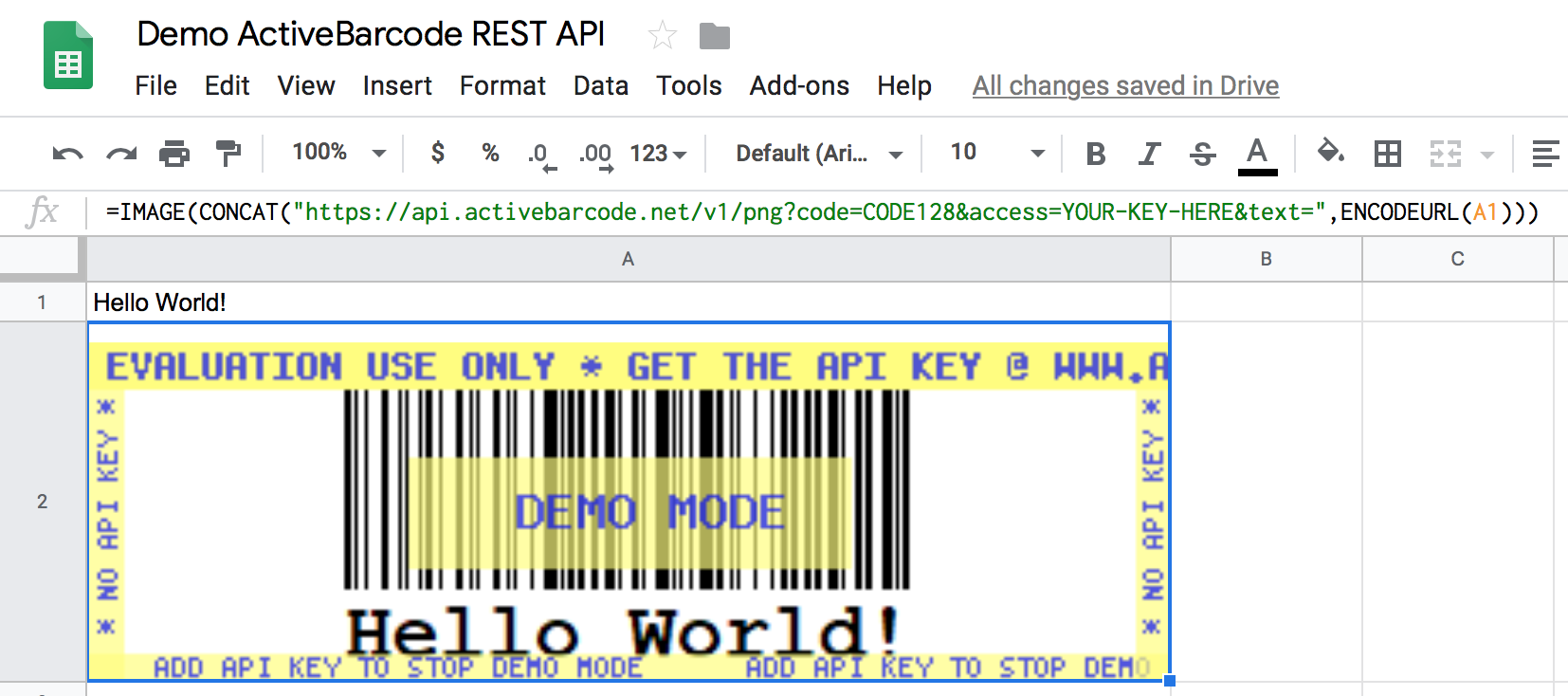 Este captura de pantalla muestra el código de barras resultante en la Hoja de Cálculo de Google que codifica el contenido de la celda A1.