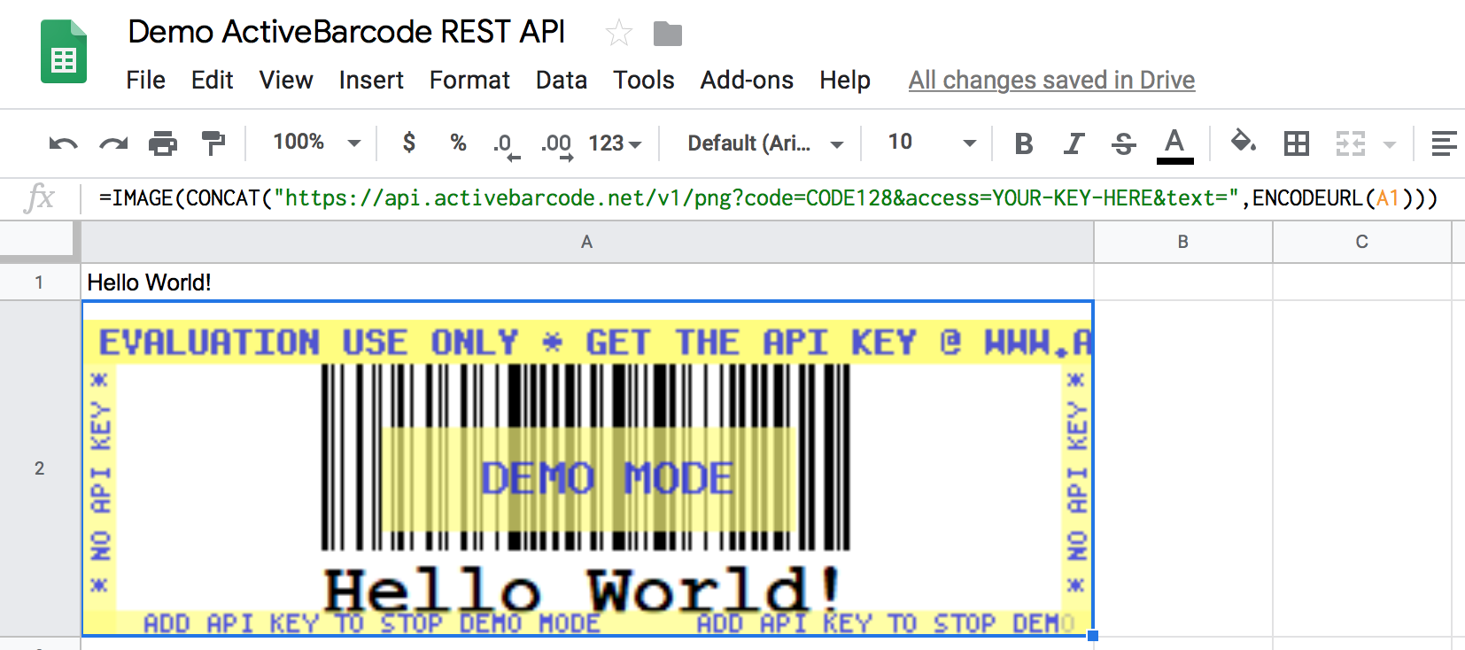 ActiveBarcode: Este captura de pantalla muestra el código de barras resultante en la Hoja de Cálculo de Google que codifica el contenido de la celda A1.