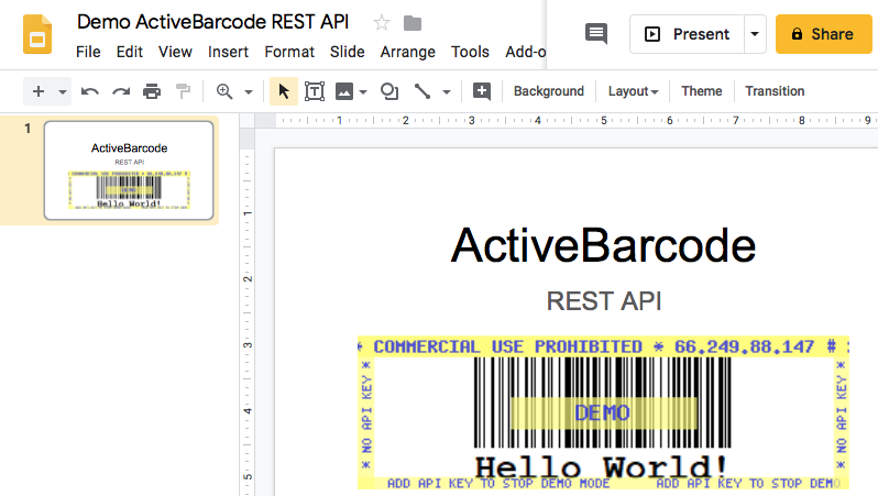 ActiveBarcode: Esta captura de pantalla muestra el código de barras resultante en Google Slides al insertar una imagen con la URL mostrada arriba.