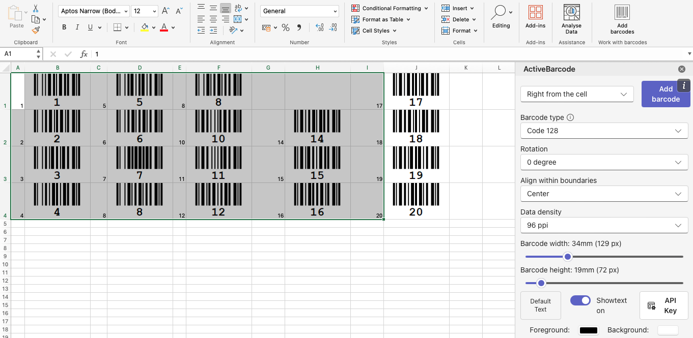 Complemento de código de barras para Excel (Microsoft 365)