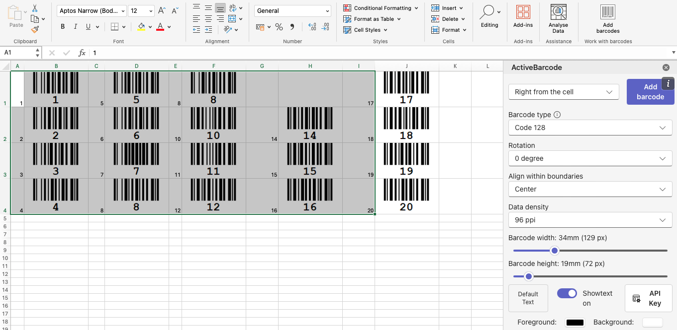 ActiveBarcode: Complemento de código de barras para Excel (Microsoft 365)